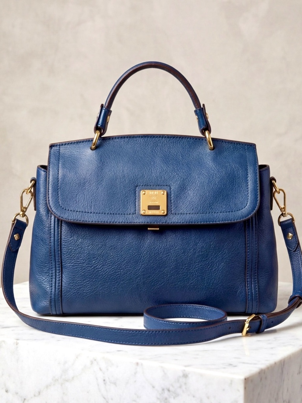 MCM Munchen Navy Pebbled Leather Large Satchel  Top Handle Crossbody bag